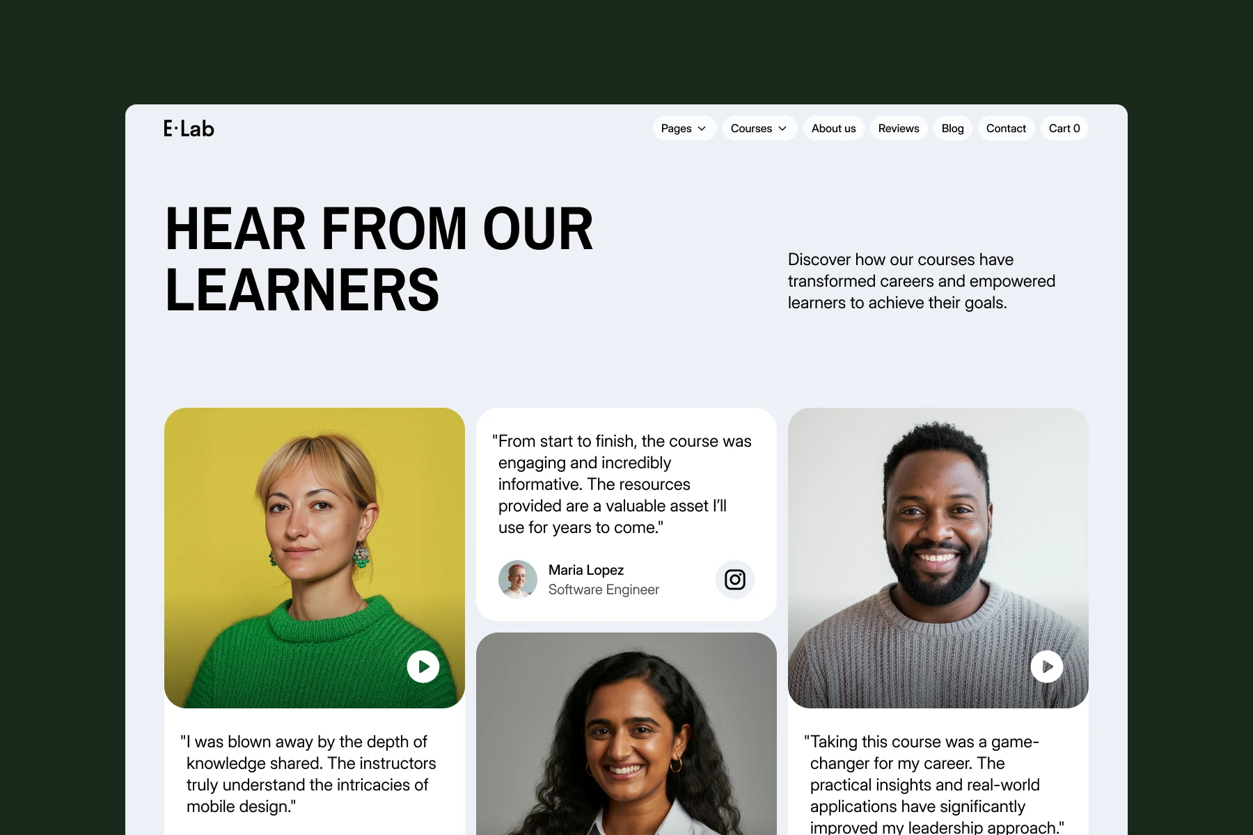 E-Lab webpage section titled 'Hear from our learners' featuring three smiling learners' photos and their testimonials about course impact.