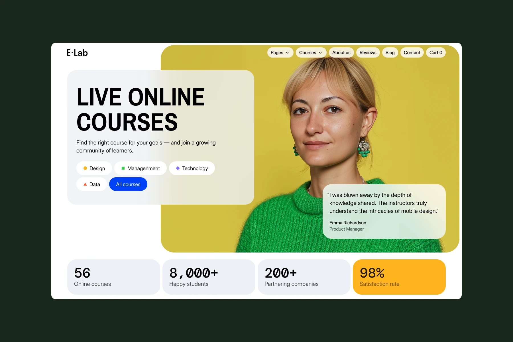 Website homepage showing a woman in a green sweater with testimonial, navigation menu, and sections advertising live online courses in design, management, technology, and data.