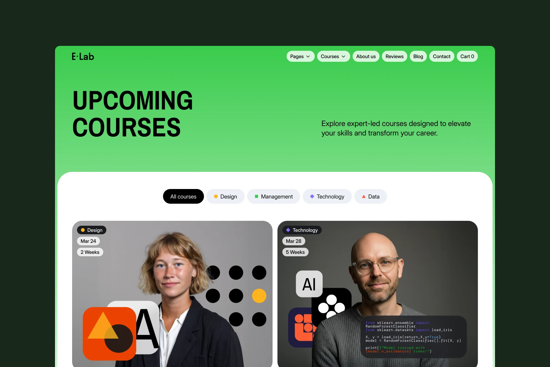 Website section titled Upcoming Courses with two profiles: a woman representing a Design course starting Mar 24 for 2 weeks and a man representing a Technology course starting Mar 28 for 5 weeks, with coding text overlay.