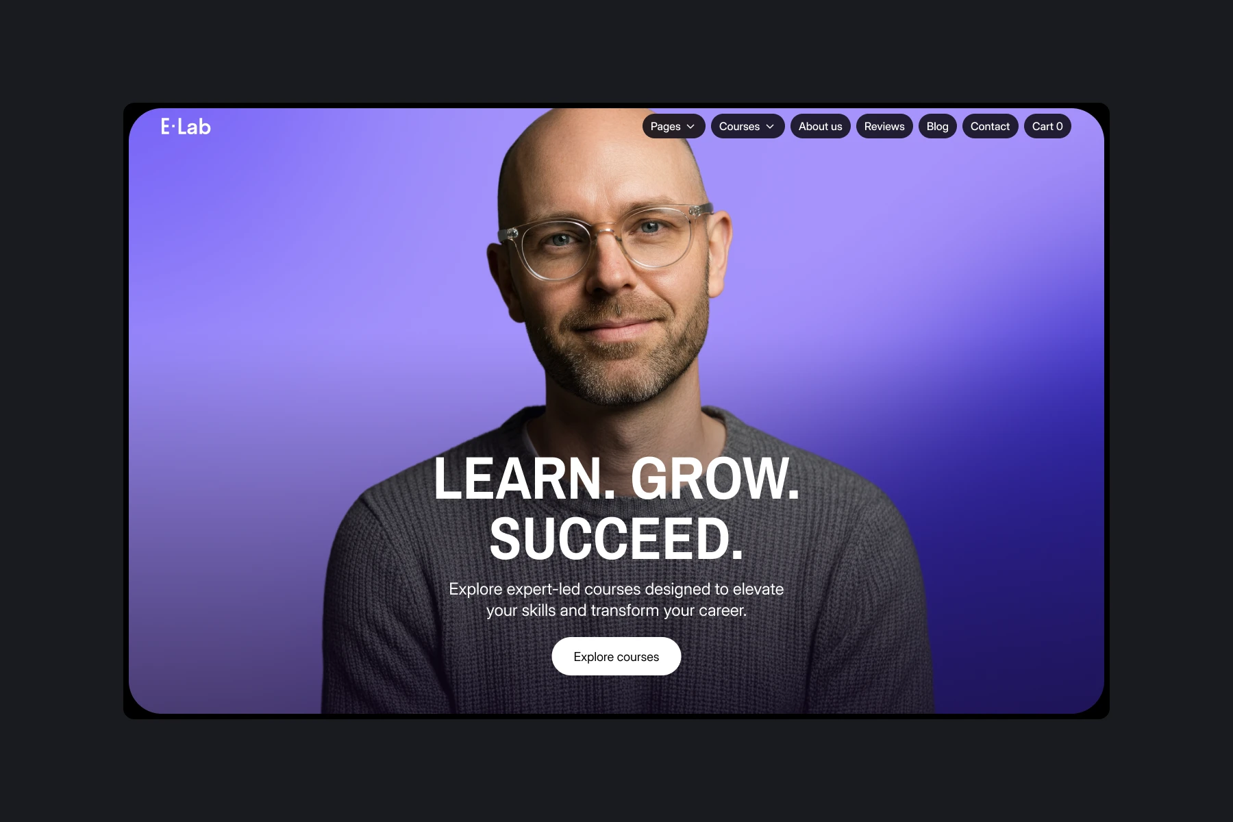 Smiling bald man with glasses wearing a gray sweater against a purple gradient background with text promoting expert-led courses.