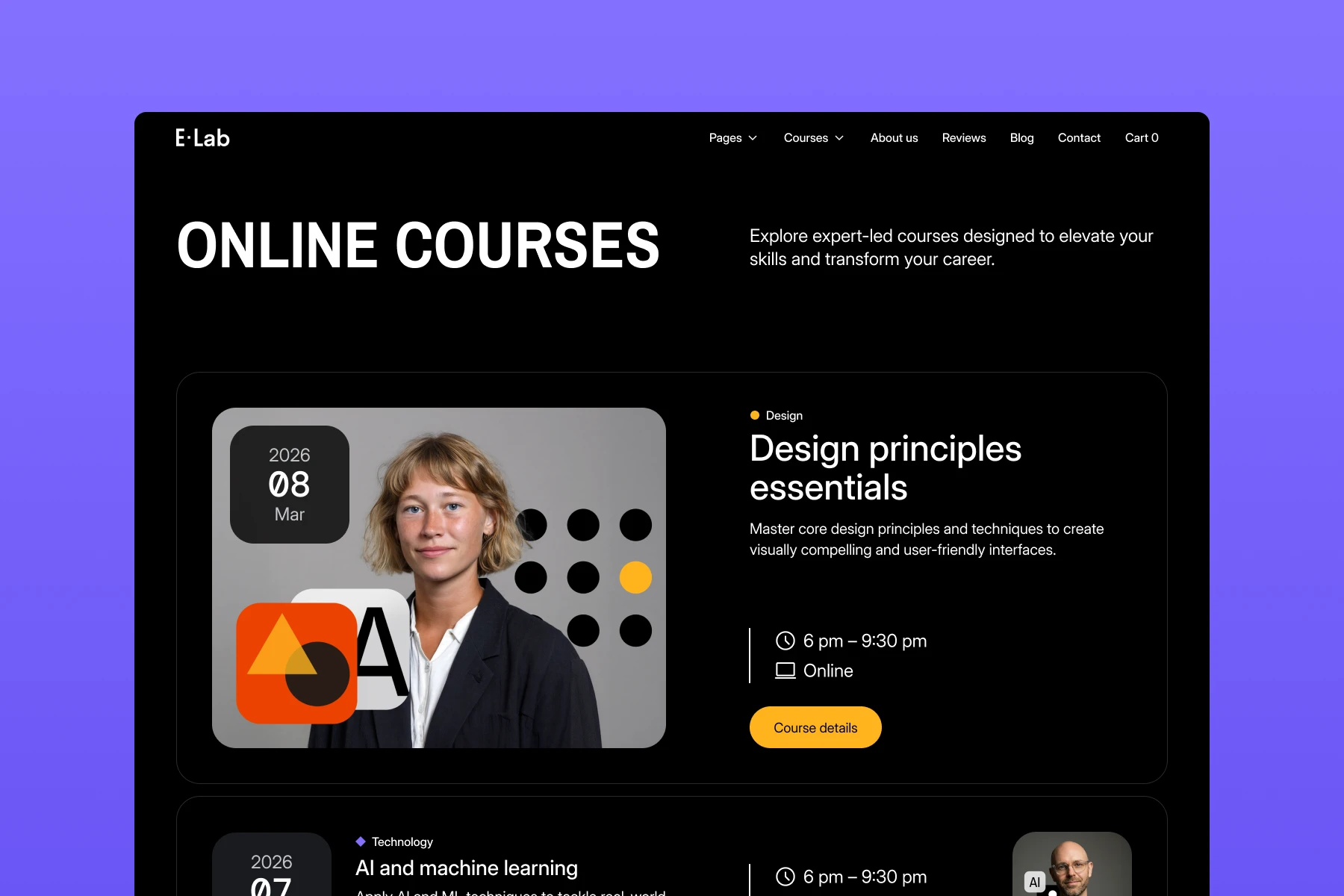 E-Lab online courses webpage showing a design principles essentials course with a woman’s photo and course details including date, time, and availability online.