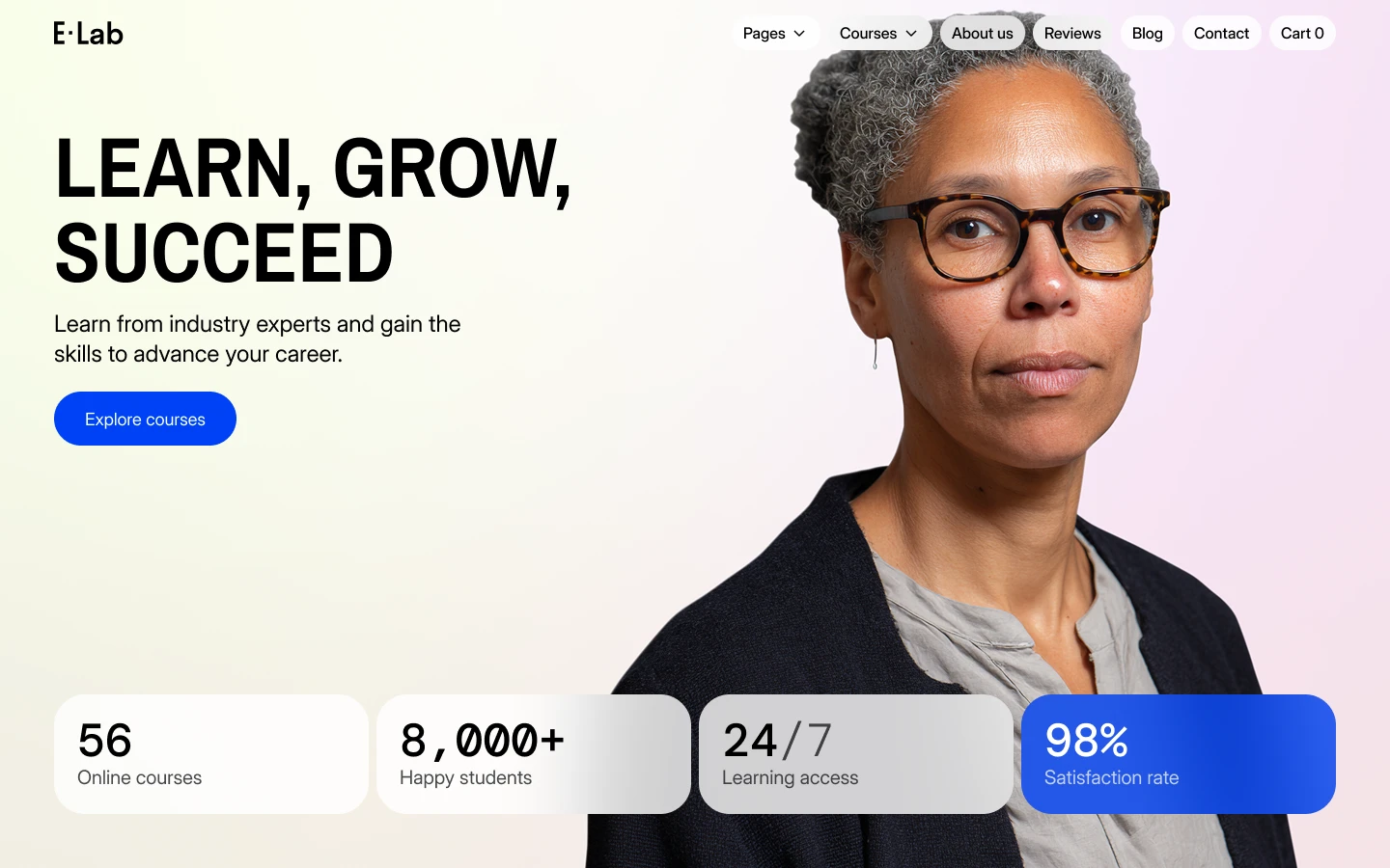 Portrait of a woman with gray curly hair and tortoiseshell glasses wearing a black cardigan and light blouse on a background with text about online courses and learner satisfaction.