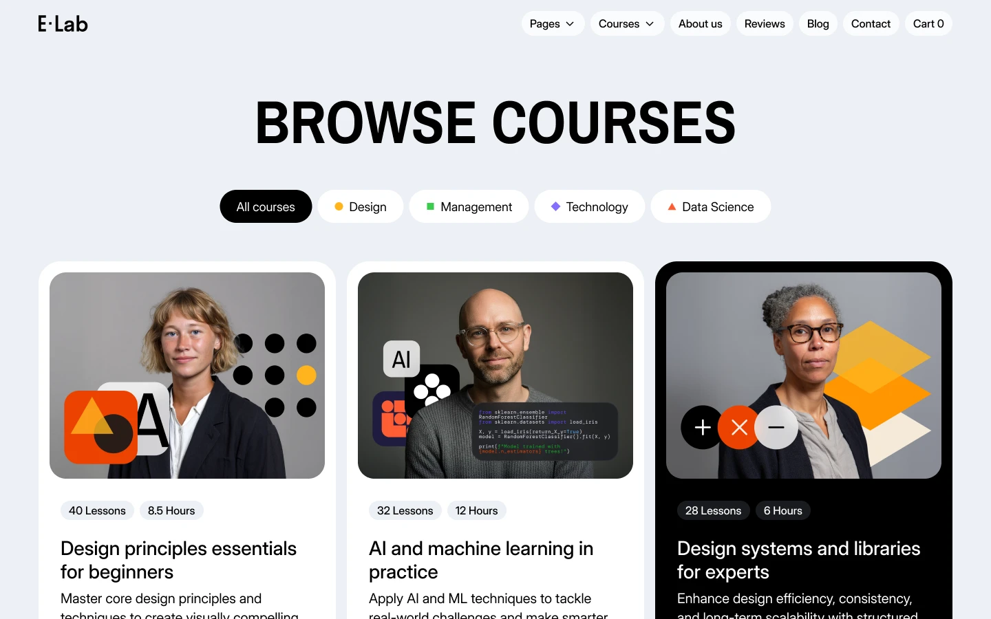 Website interface showing course categories with three featured courses titled Design principles essentials for beginners, AI and machine learning in practice, and Design systems and libraries for experts.
