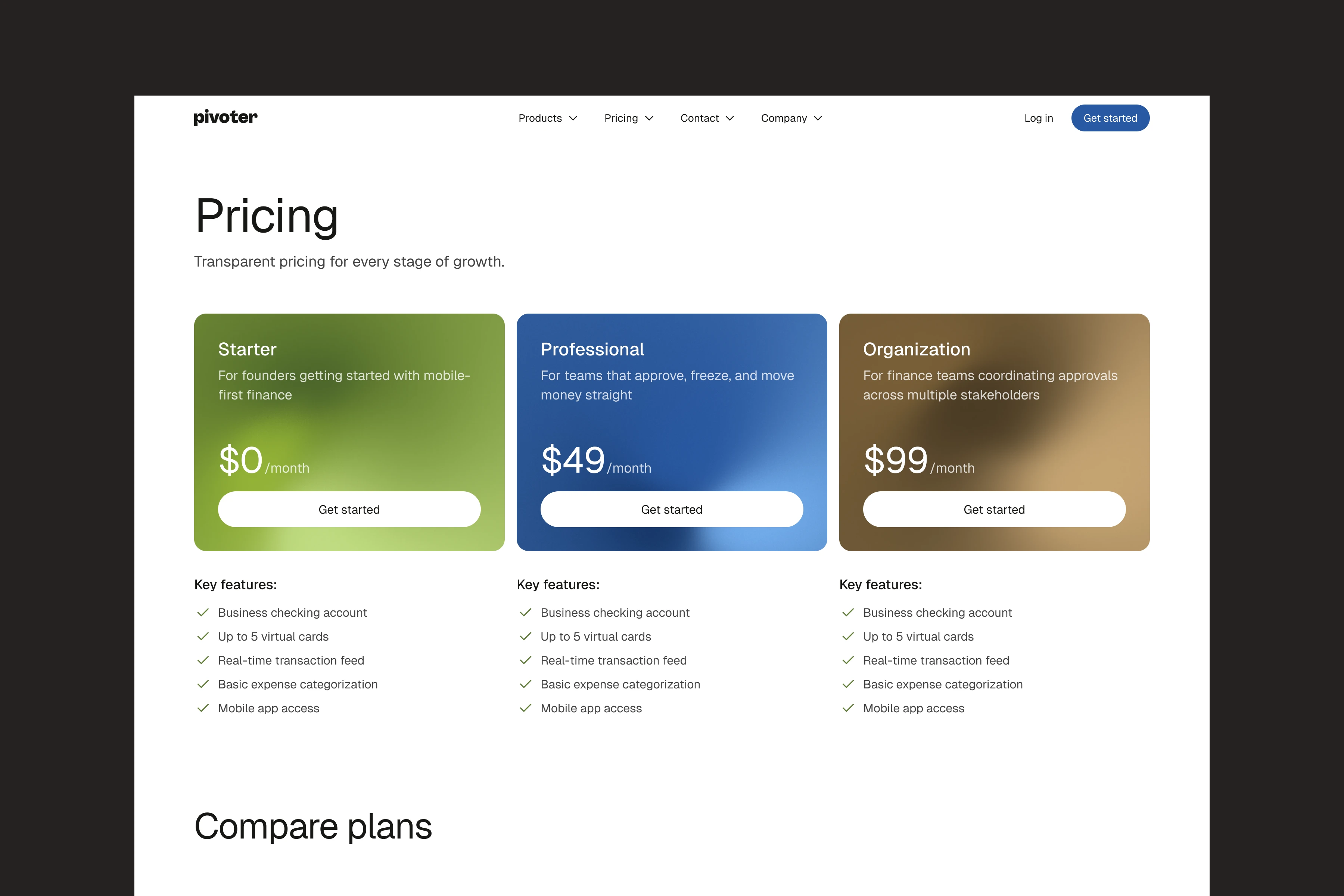 Pricing table showing Starter $0, Professional $49, and Organization $99 plans with key features listed.