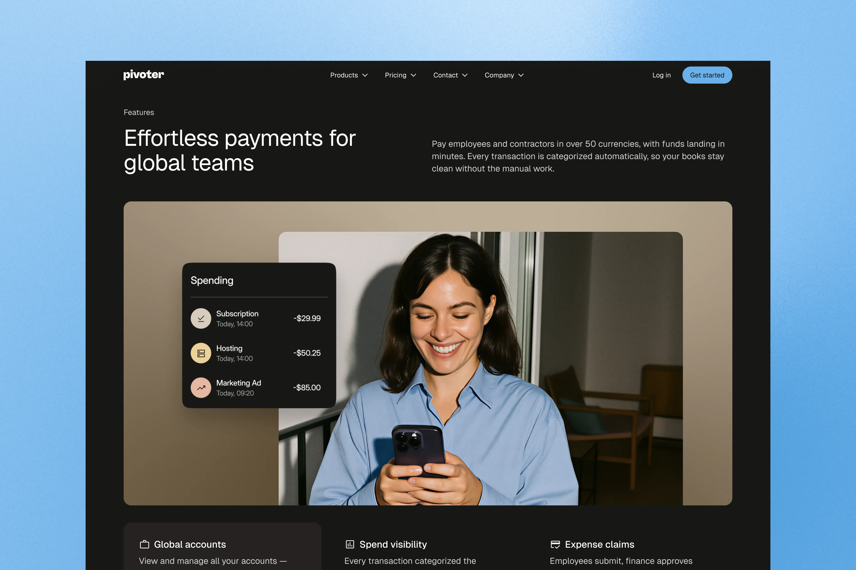 Smiling woman in blue shirt using a smartphone with a spending summary overlay on screen.