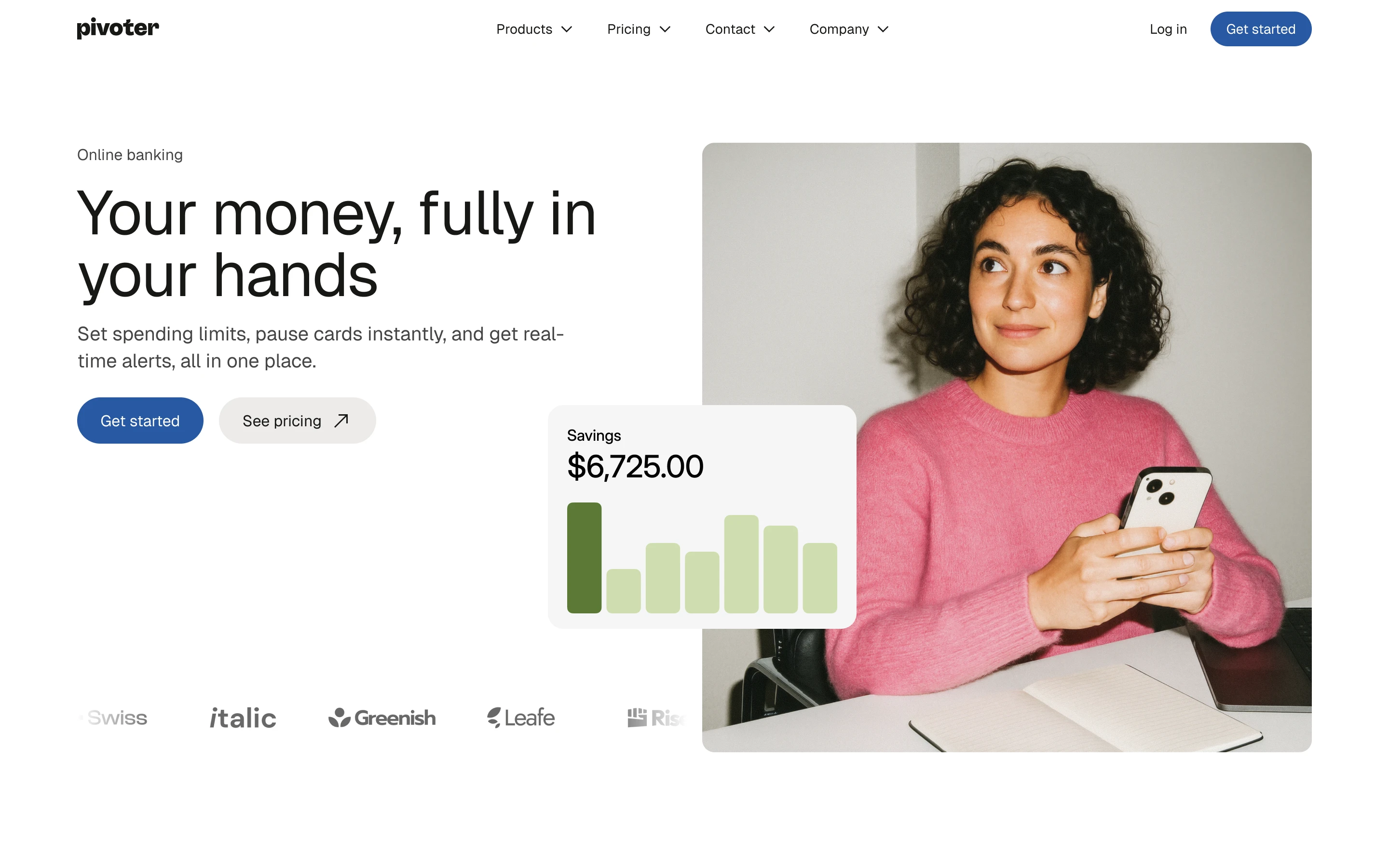 Woman in pink sweater holding a smartphone next to a saving balance graphic of $6,725.