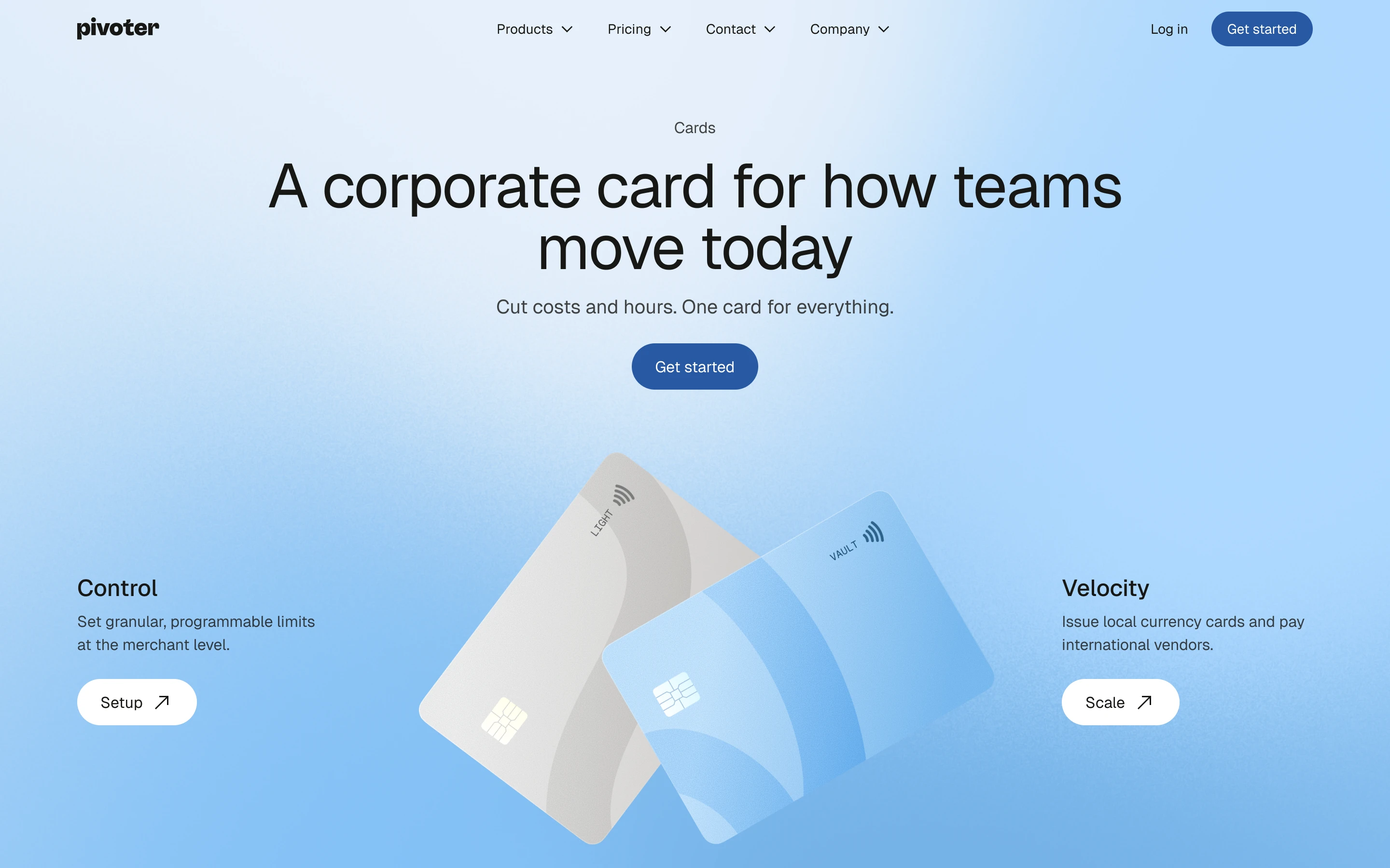 Website header for Pivotar showing two corporate cards and text about team payment solutions.