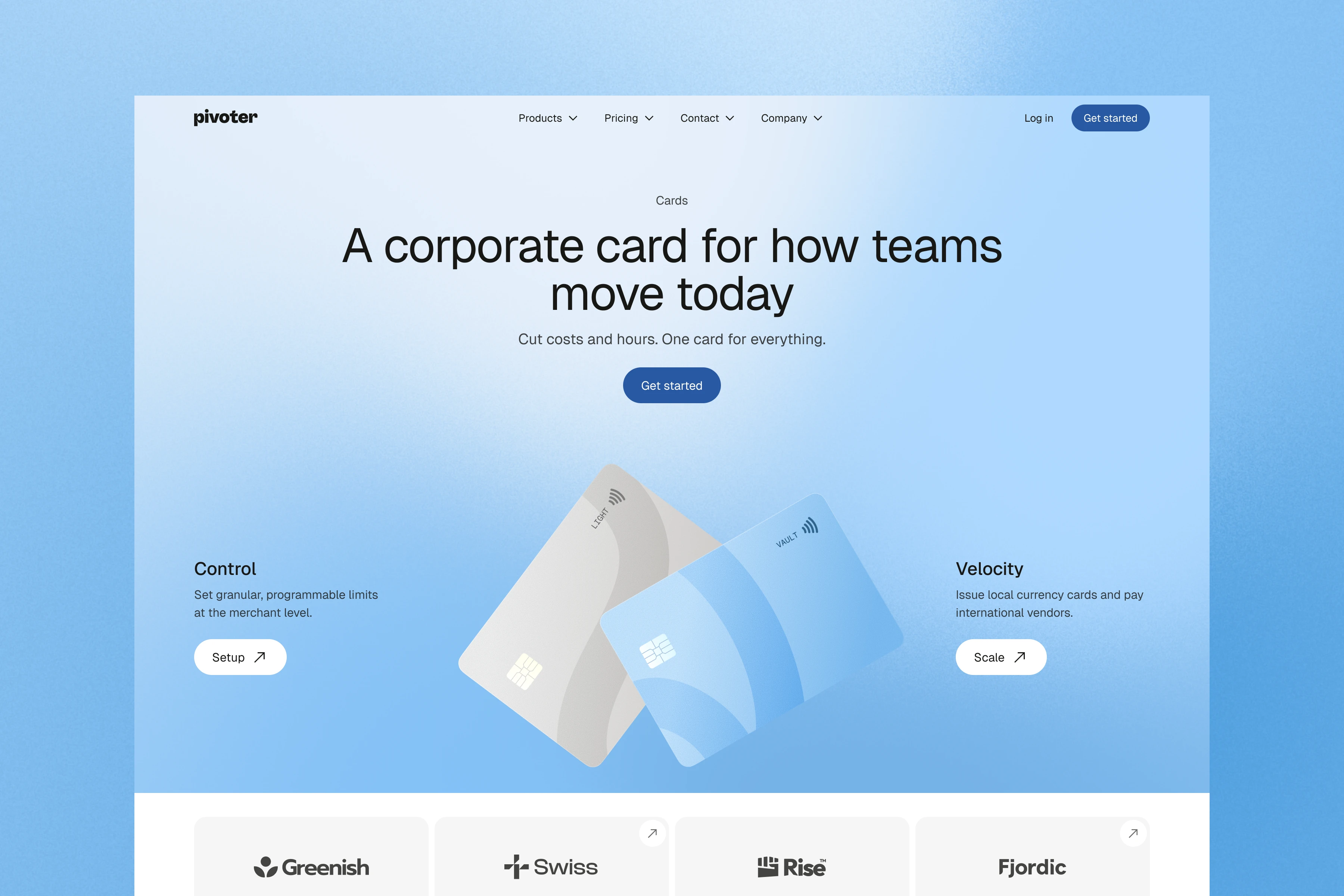 Website header showing two corporate cards with options for control and velocity plus a call-to-action button.