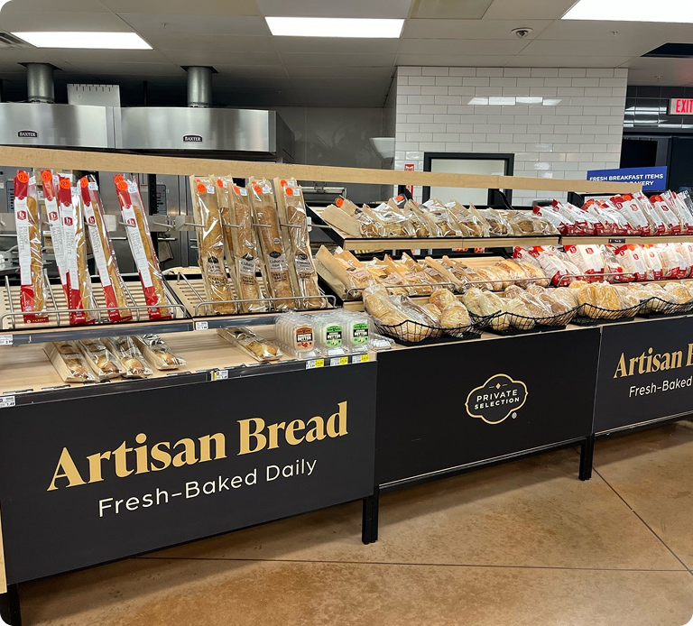 A bread display at a grocery store
