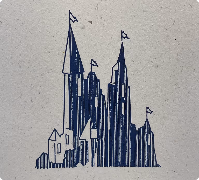 A sketch of a castle in blue ink