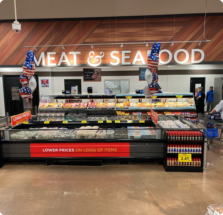 A meat and seafood display at a grocery store