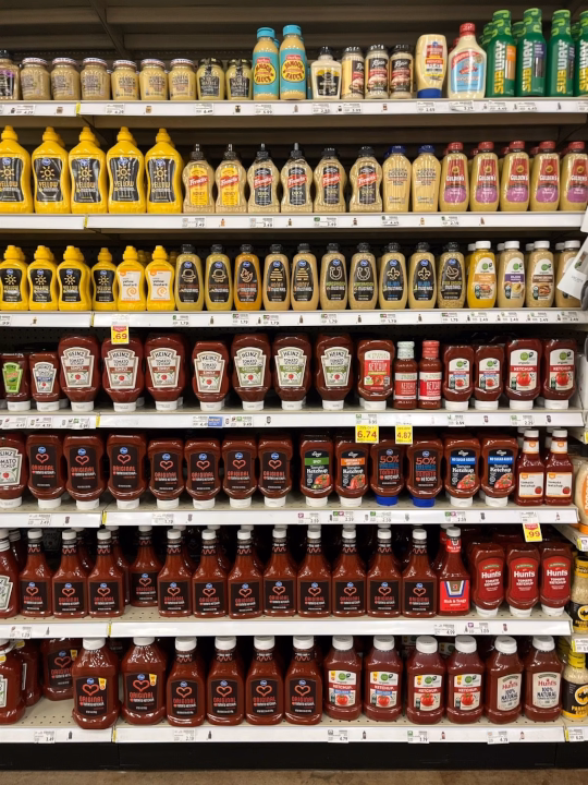 A condimets display in a grocery store