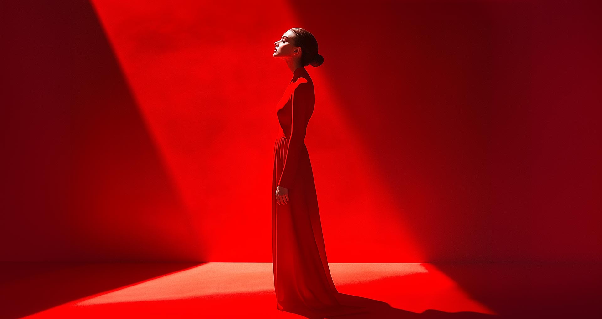 Young woman on red background.