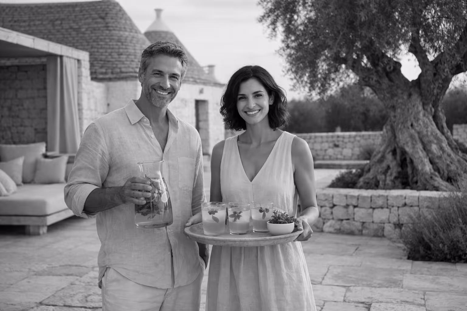 Smiling man and woman outdoors holding a tray with glasses of infused water and a pitcher, standing near stone buildings and a large tree.