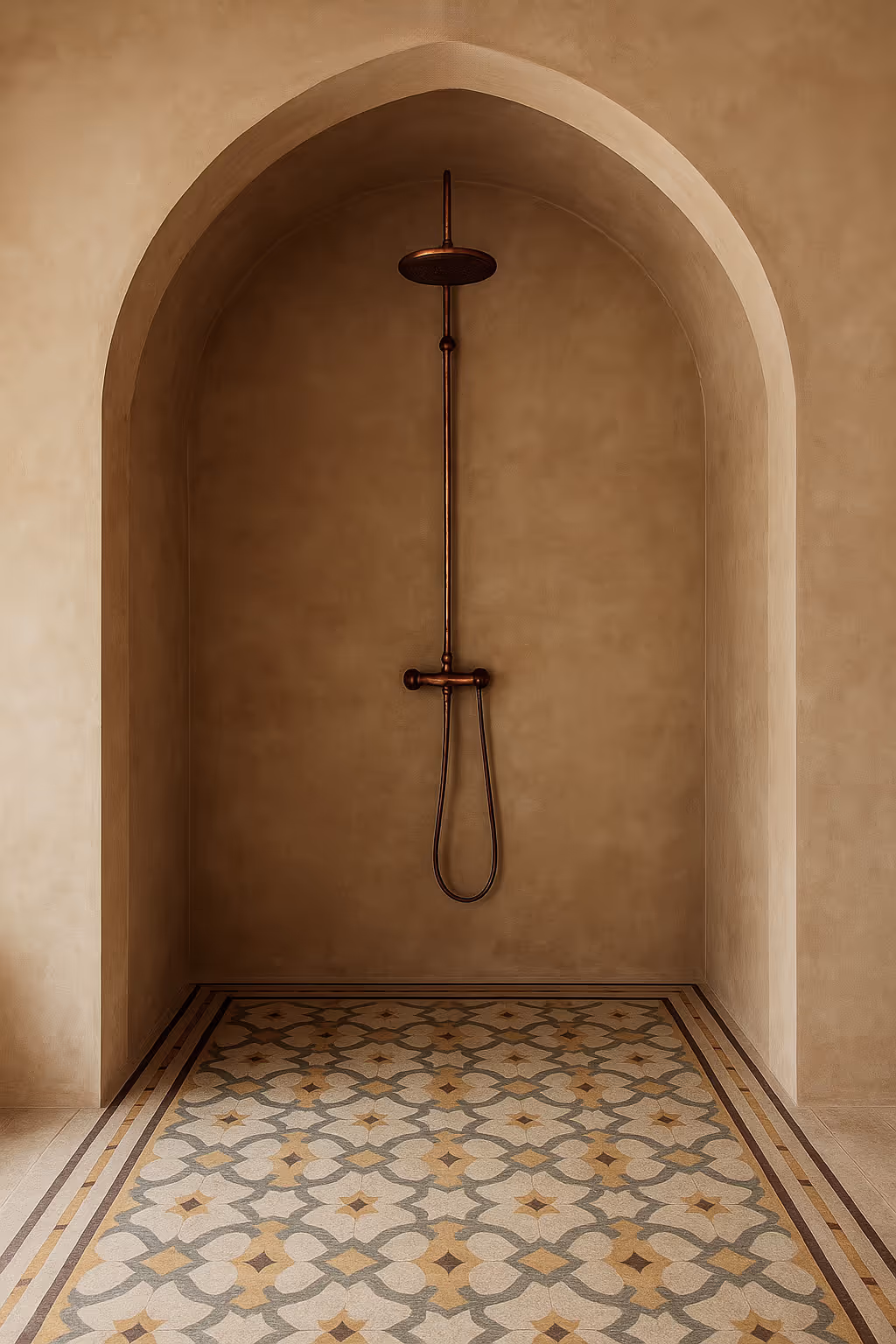 Minimalist walk-in shower with bronze fixtures, arched niche, and patterned tiled floor in warm beige tones.