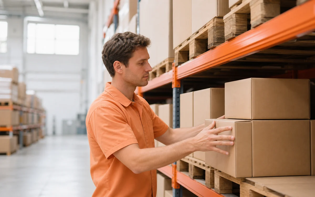 Warehouse worker handling boxes on orange racking