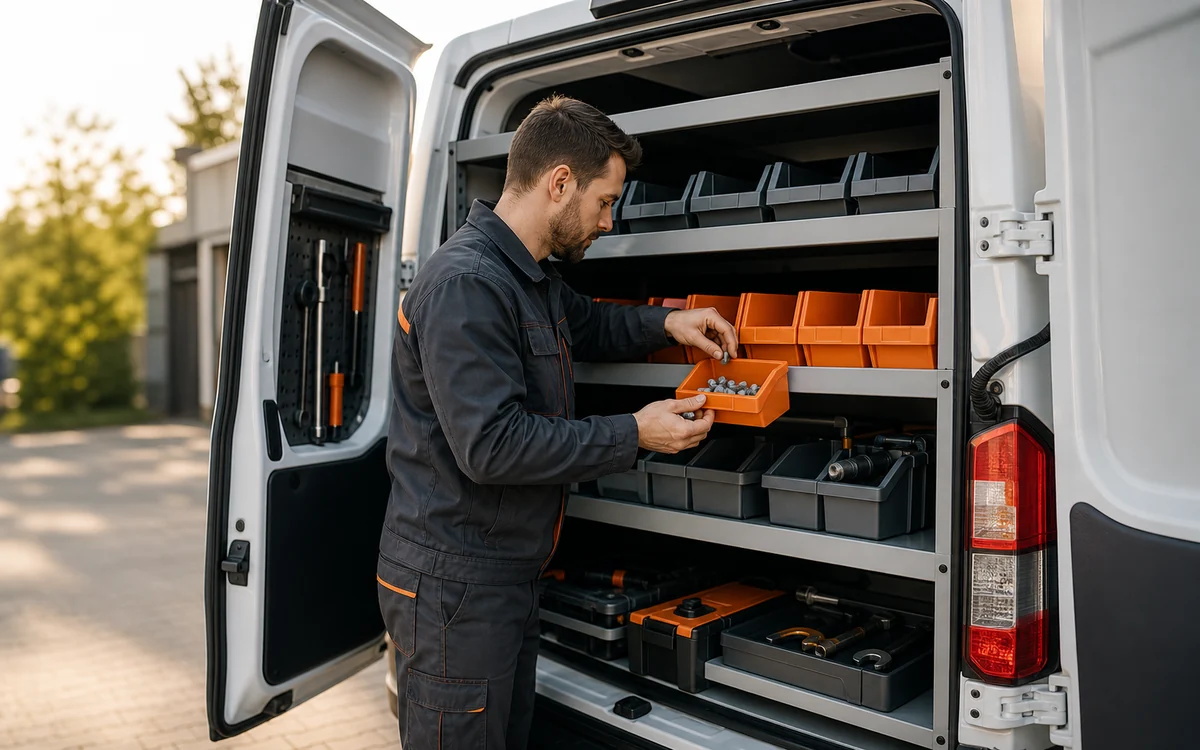 Technician taking parts from bins in a stocked service van
