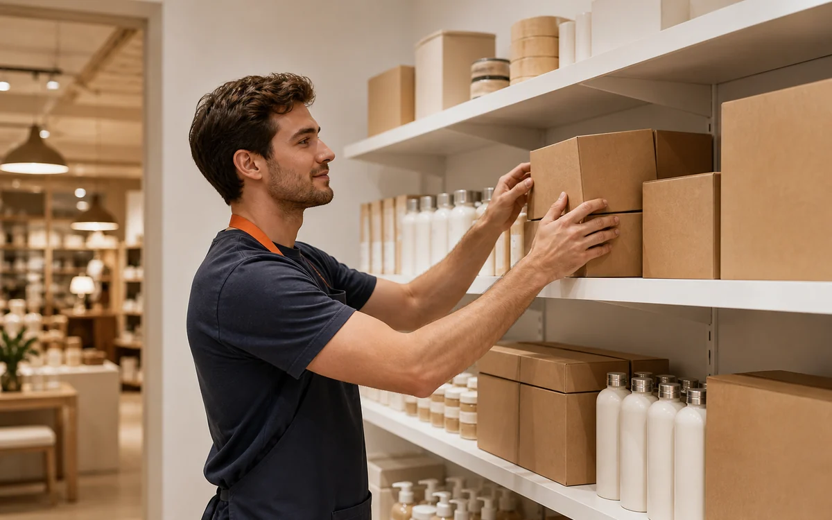 Store employee restocking boxes on shelves in a retail branch