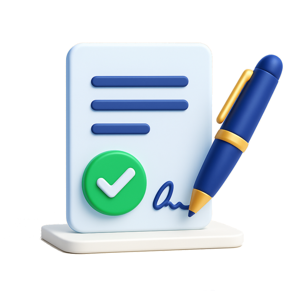 אייקון מסמך עם חתימת בדיקה ירוקה ועט