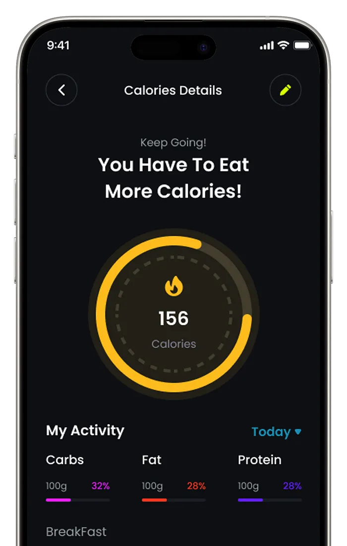 HealthPro app showing calories burned and activity summary dashboard.
