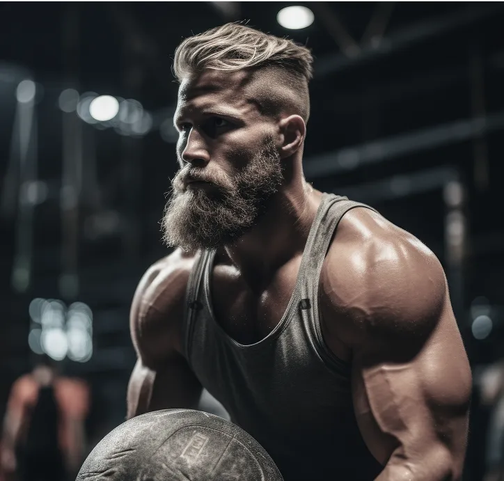 Muscular man lifting weights in gym with strong focus.
