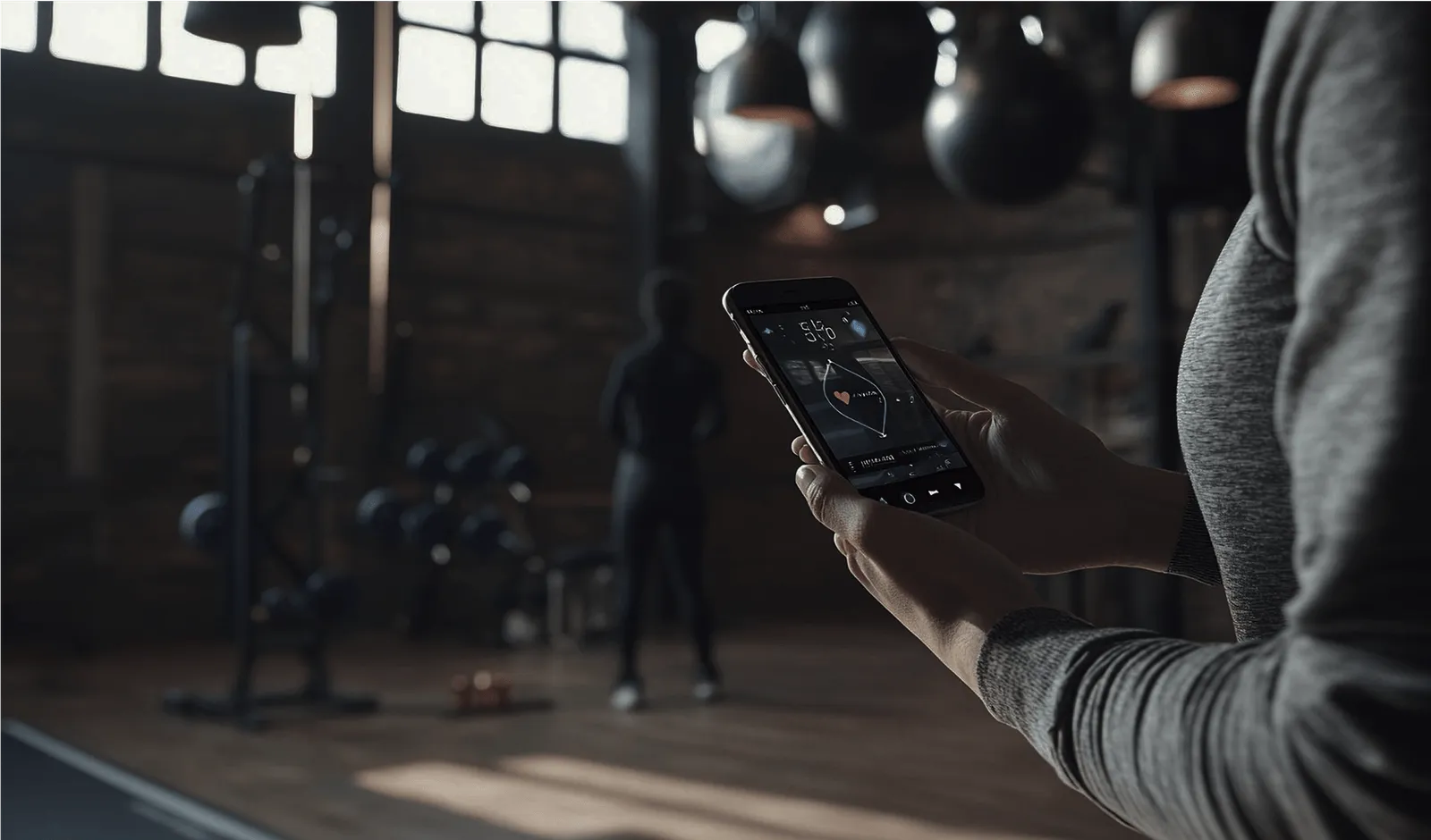 Person holding smartphone in gym with workout equipment in background.
