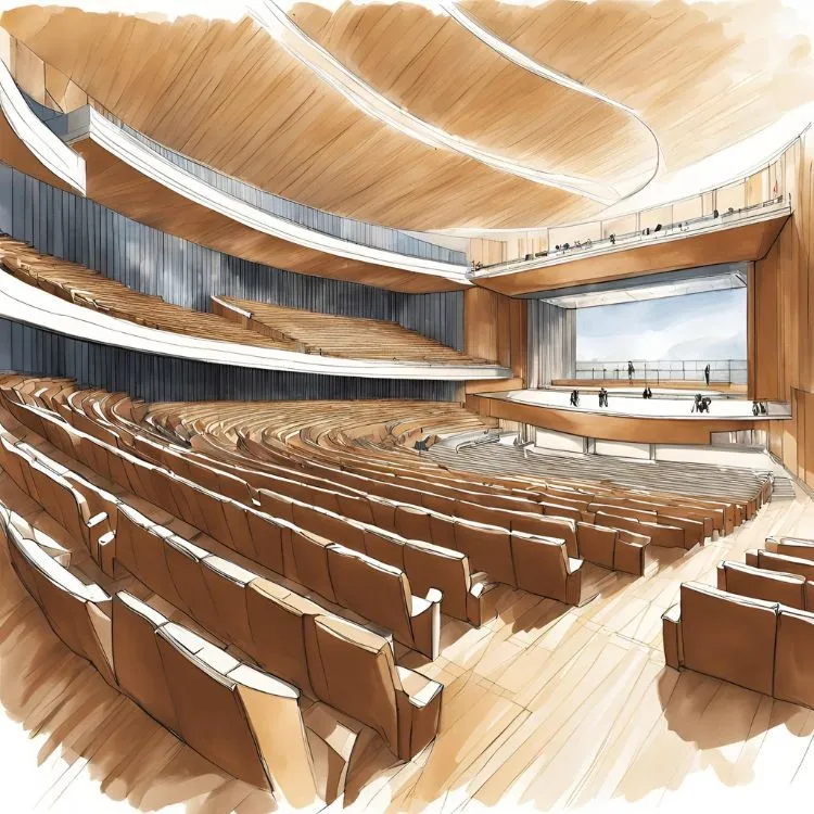 Architectural illustration of a modern auditorium with tiered wooden seating, a large stage, and curved ceiling lighting.