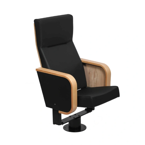 Black cushioned seat with wooden armrests and back support mounted on a swivel base.
