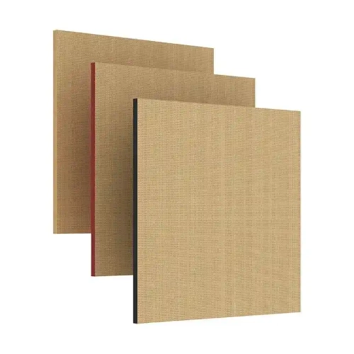 Three rectangular acoustic panels with beige fabric fronts and differently coloured edges in black, red, and brown.