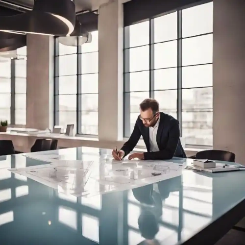 Man in a suit working on architectural blueprints at a large glass table in a modern office with large windows.