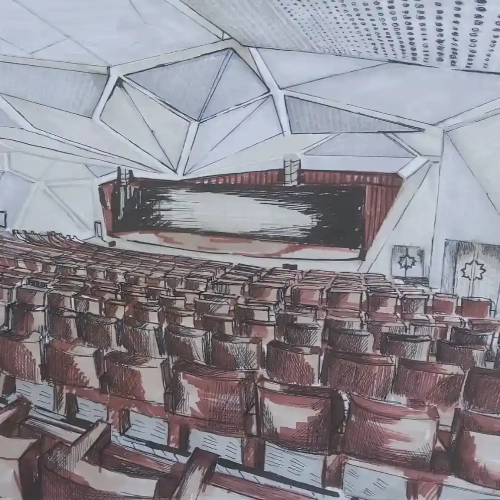 Illustration of an auditorium with rows of brown seats facing a wide stage under a geometric ceiling.