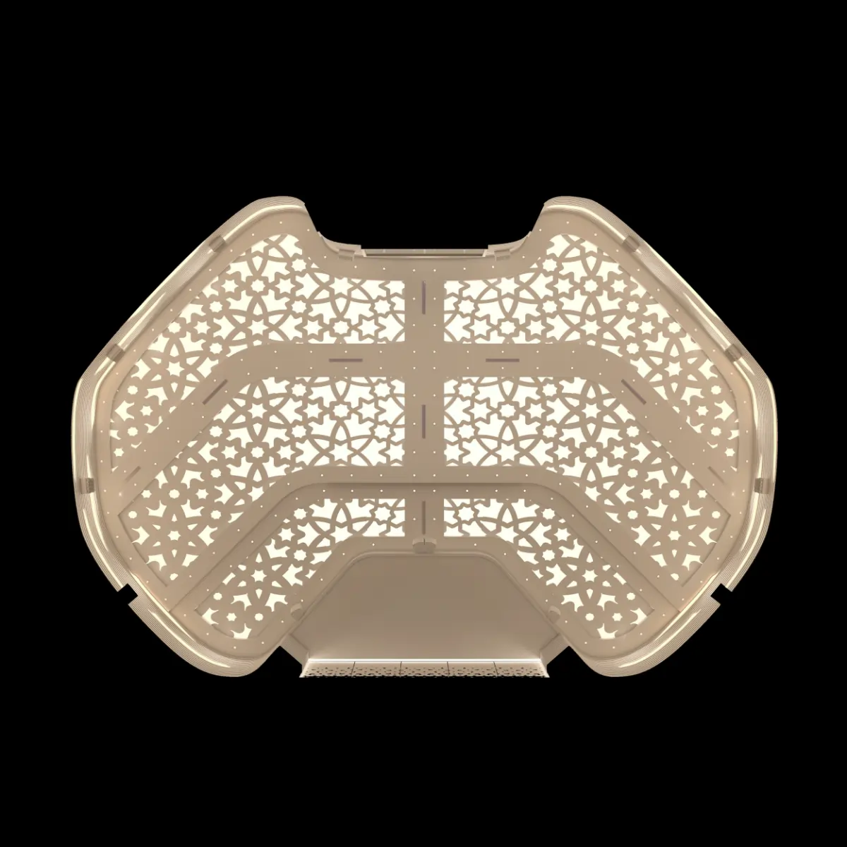 Top view of a beige acoustic panel with an intricate geometric star pattern and rounded edges on a black background.