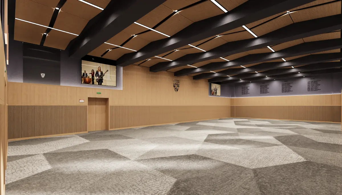 Modern, spacious acoustic room with wooden paneled walls, patterned grey carpet, and black ceiling beams with integrated lighting.