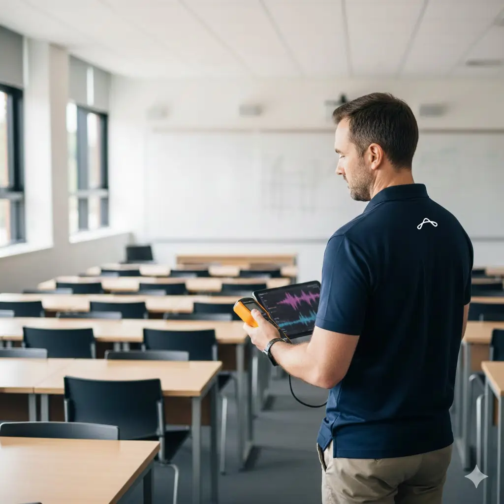 Man in a navy polo shirt holding a device and a tablet showing sound waveforms in an empty classroom.