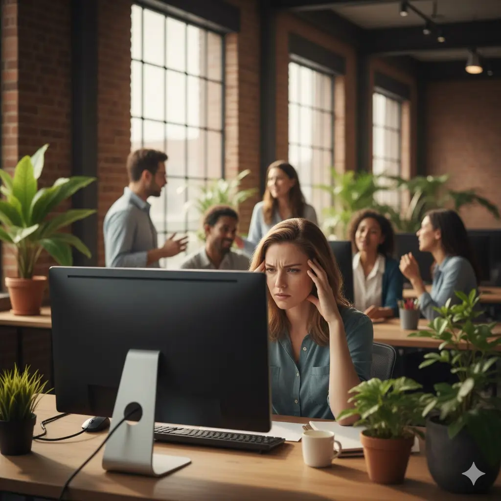 Woman looking frustrated while working at a computer in a bright office with colleagues chatting in the background.