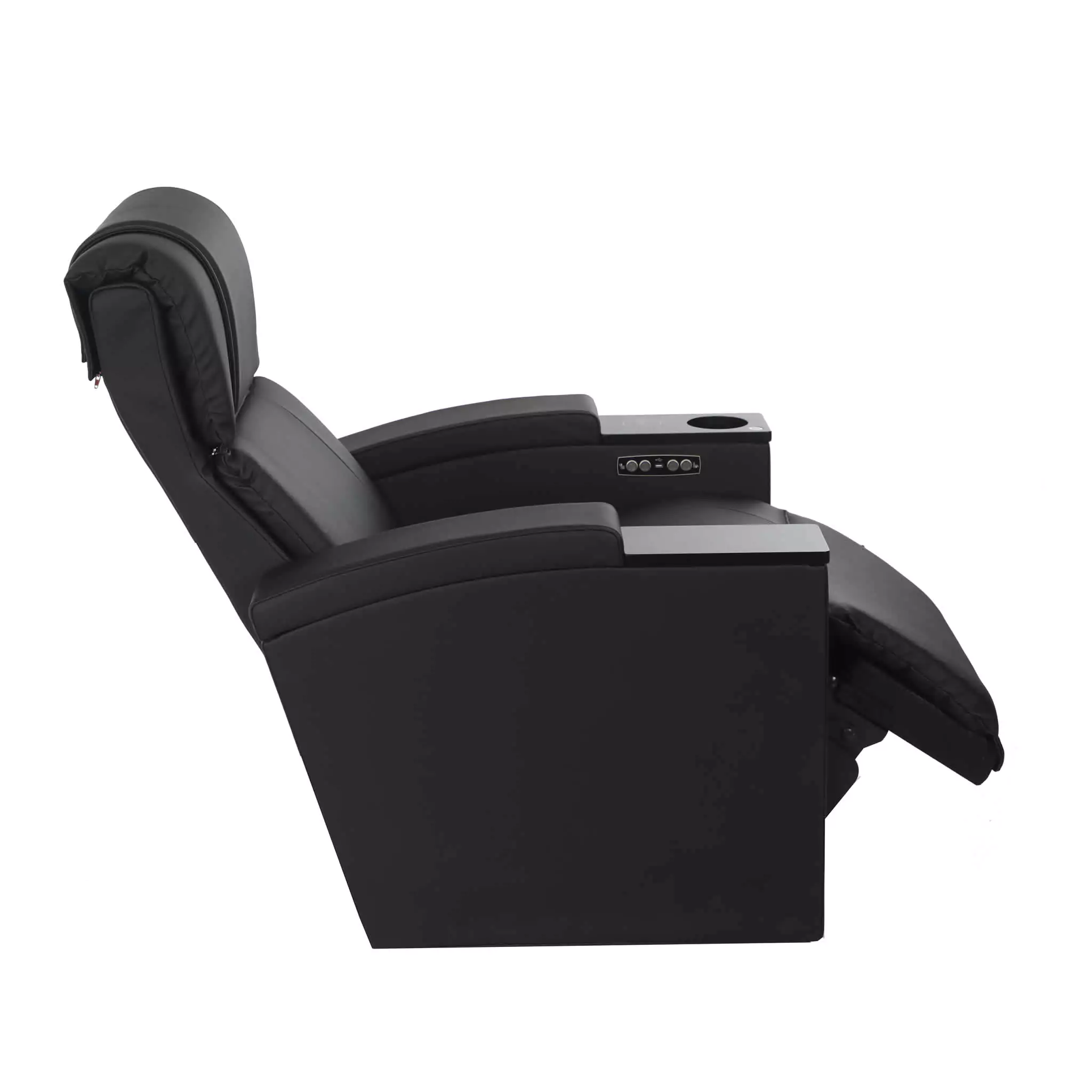 Black leather reclining cinema seat with padded headrest, armrests, control panel, and cup holder.