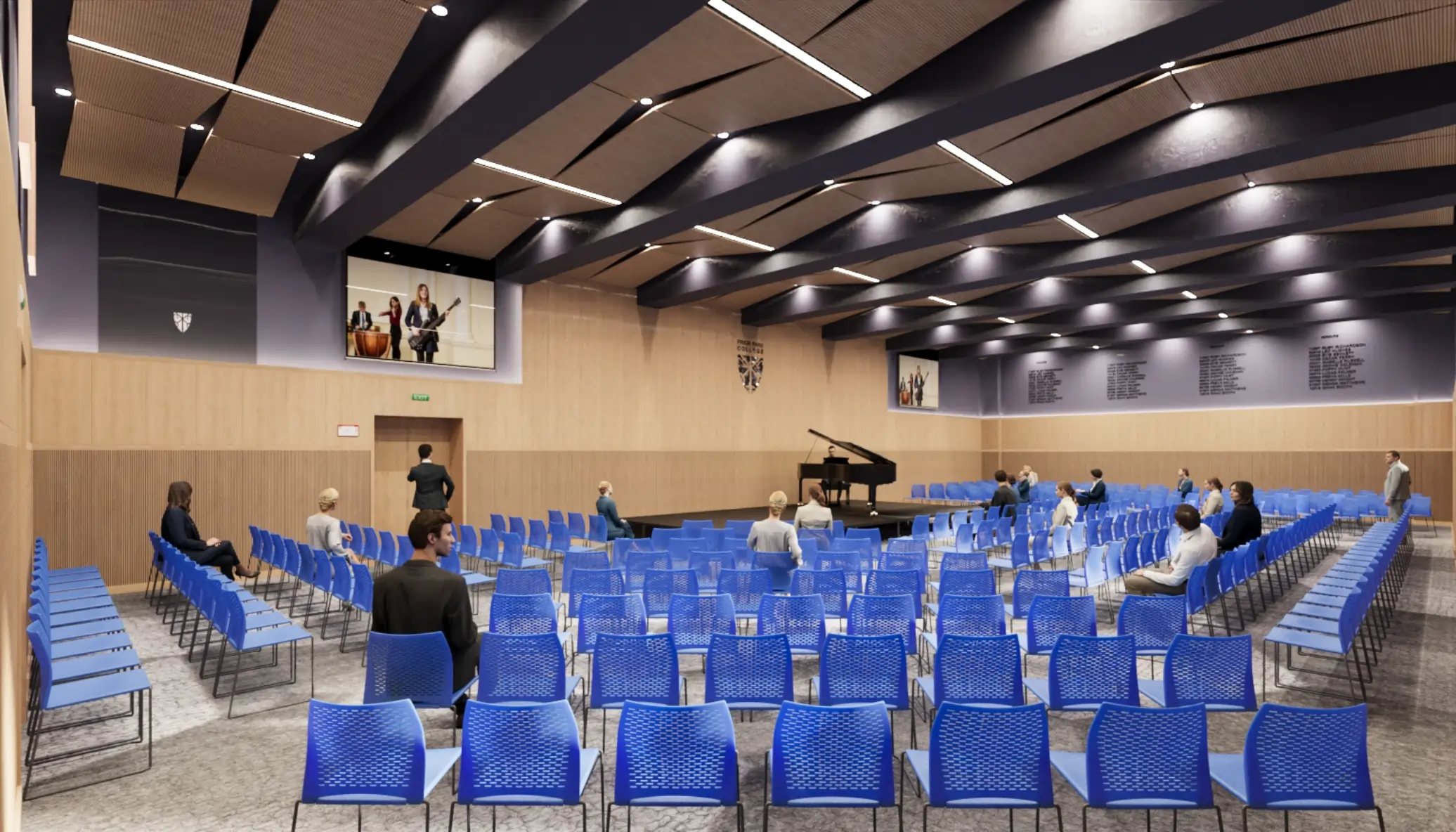 Modern auditorium with rows of blue chairs, a grand piano on stage, and several people seated or standing.