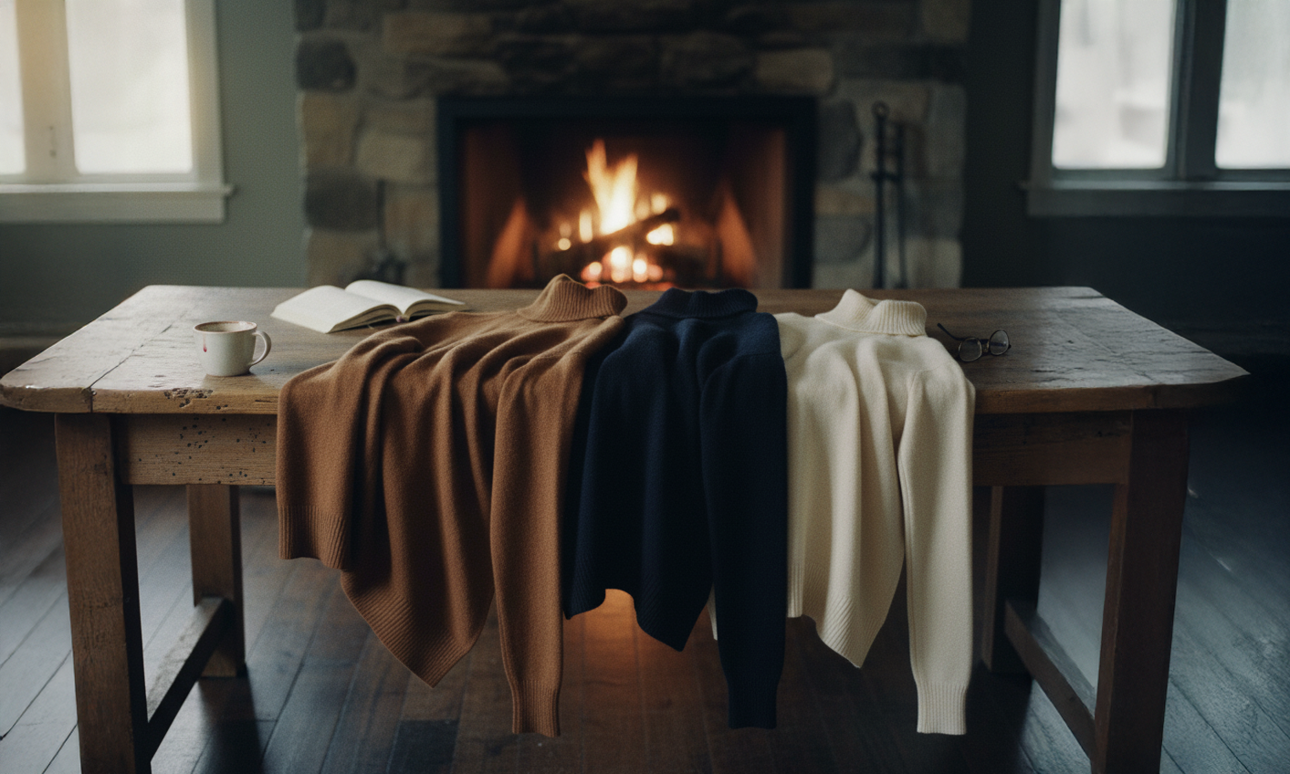 Three folded turtleneck sweaters in brown, navy, and cream laid out on a wooden table in front of a lit fireplace, with a cup, an open book, and eyeglasses on the table.