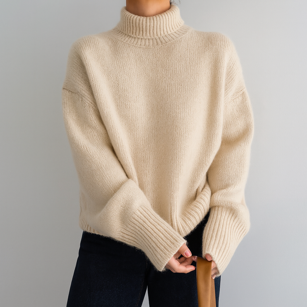Person wearing an oversized beige turtleneck sweater with long sleeves paired with dark pants.