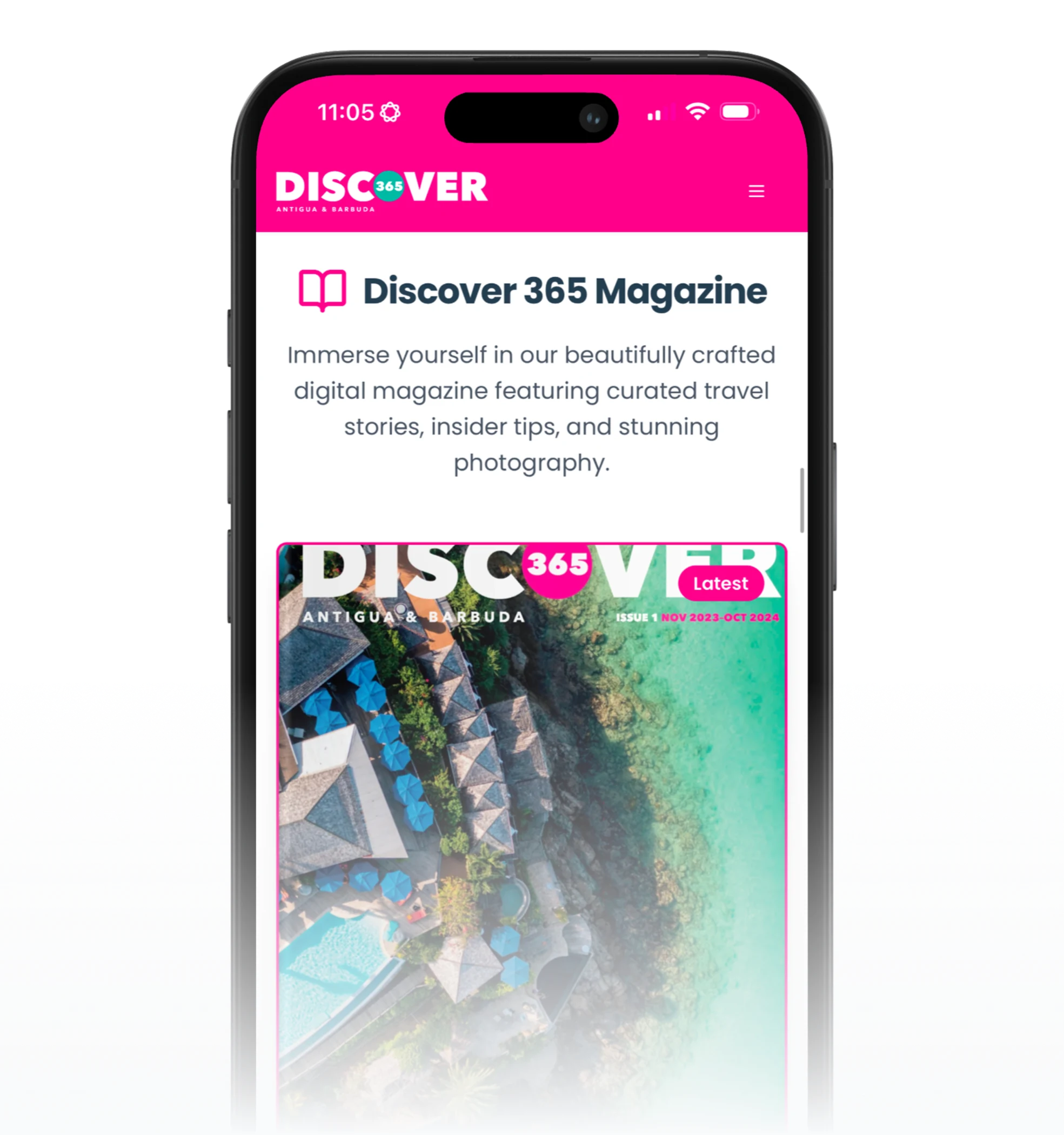 Discover 365 Magazine digital preview on smartphone with tropical resort view
