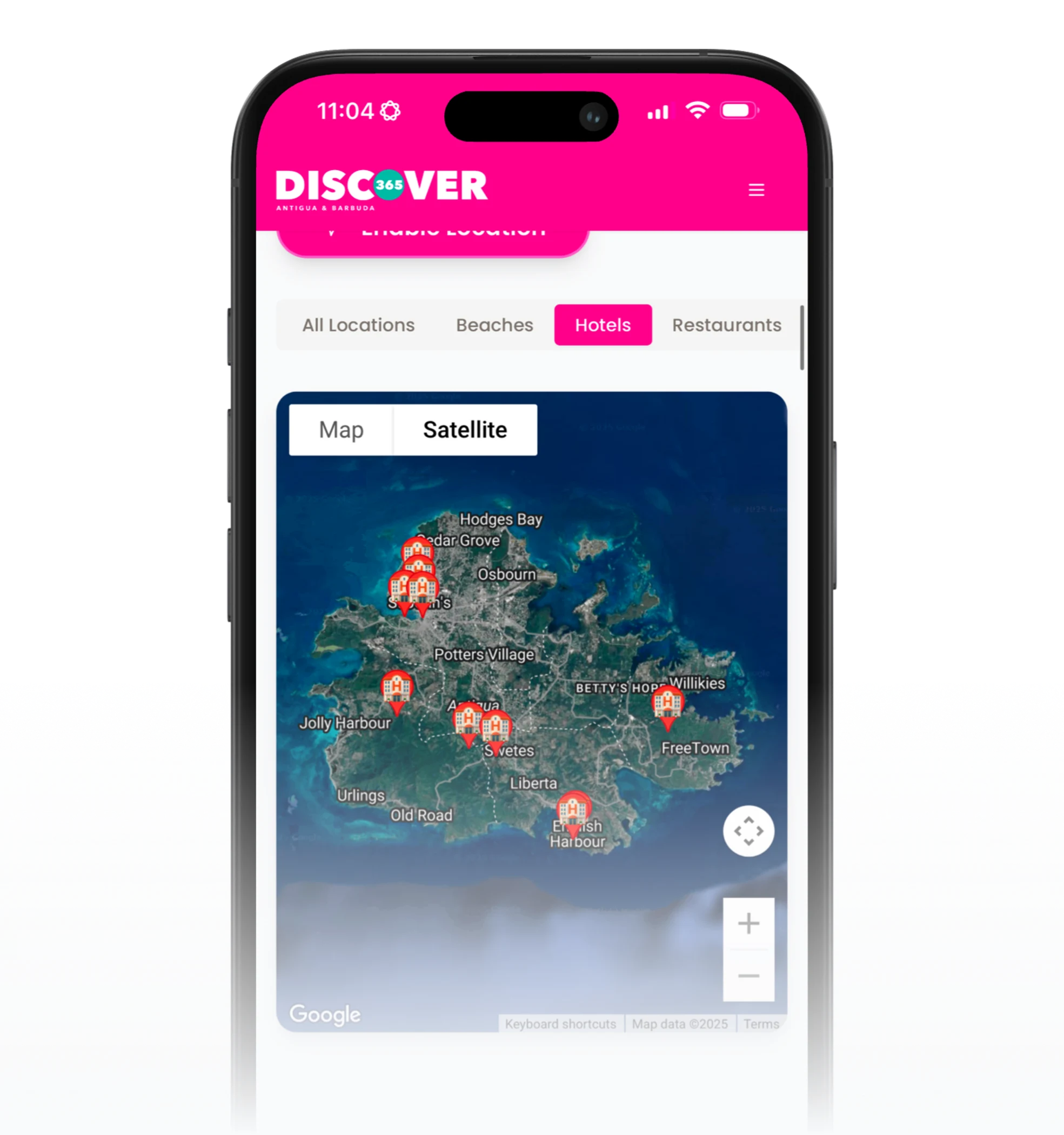 Discover 365 app showing satellite map of Antigua and Barbuda hotels