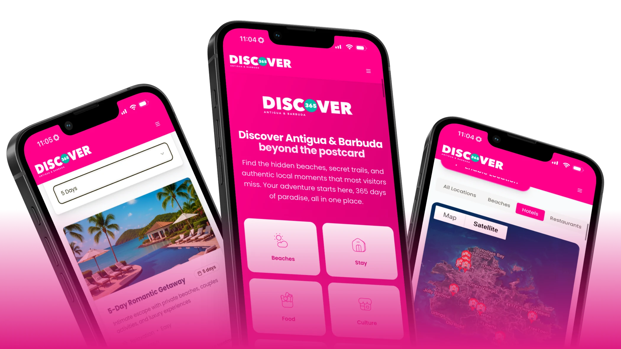 Discover Antigua & Barbuda travel app interface with bright pink design