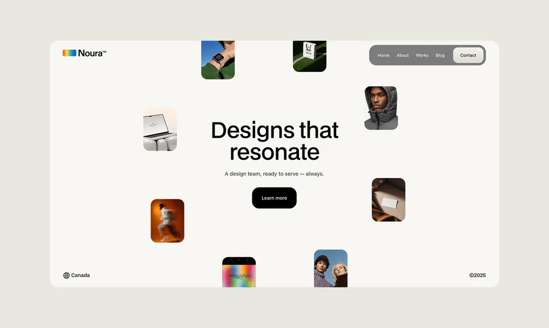 Website homepage with the heading 'Designs that resonate,' navigation menu, logo, and scattered images of people and objects.