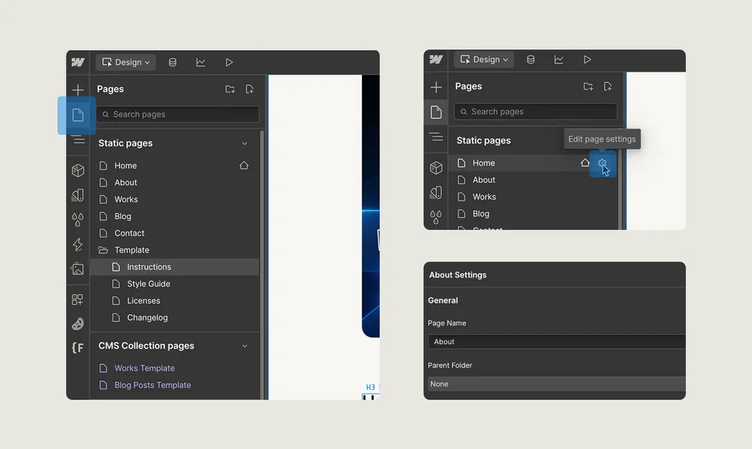 User interface of a website design tool showing a Pages panel with static pages and CMS collection pages, and a section for editing page settings with 'About' page selected.