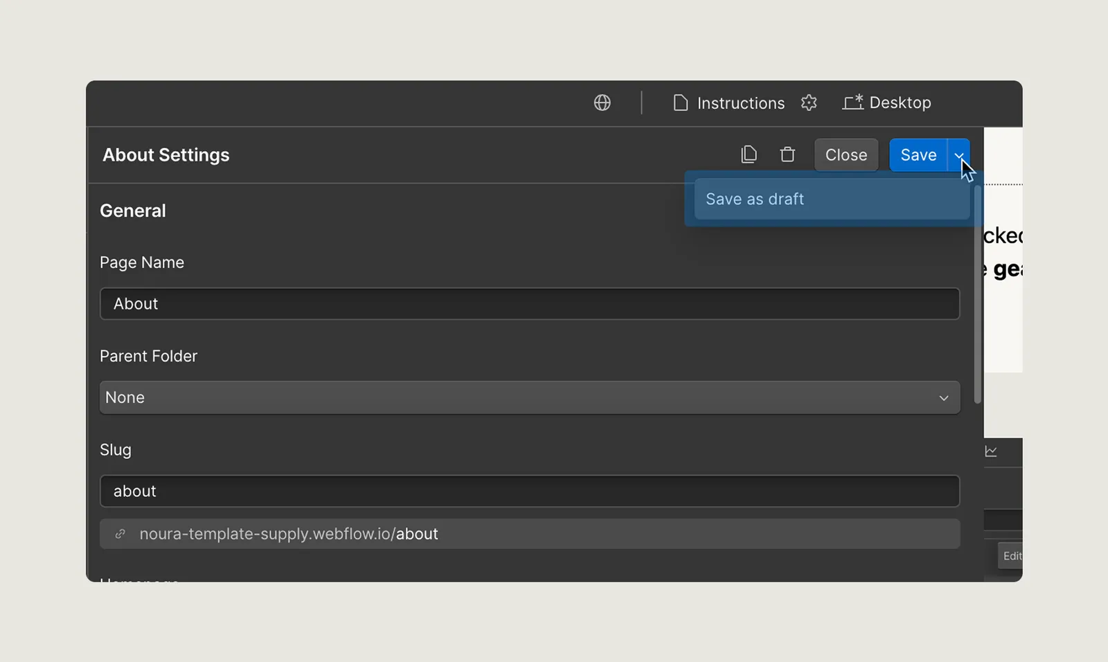 Webflow page settings panel showing configuration for an About page with options for page name, parent folder set to None, slug as about, and a Save button with a dropdown option to Save as draft.