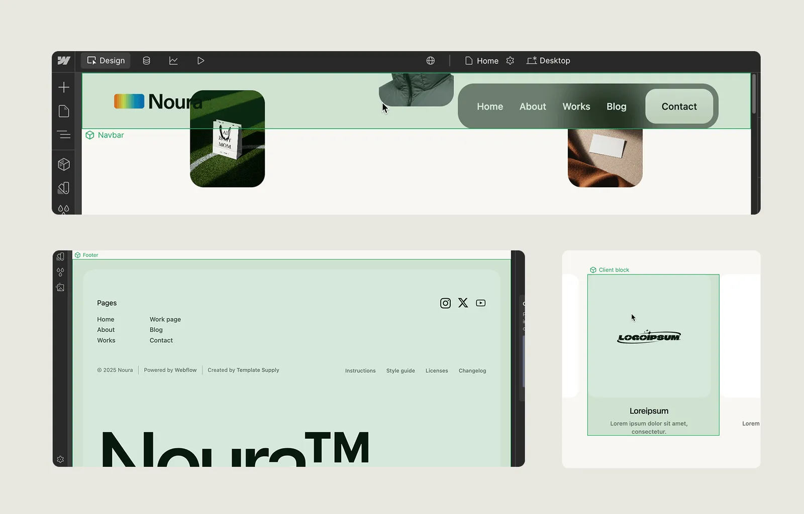 Screenshot of a web design interface showing a navbar with menu items, a footer with site links and social icons, and a client block with a logo and placeholder text.