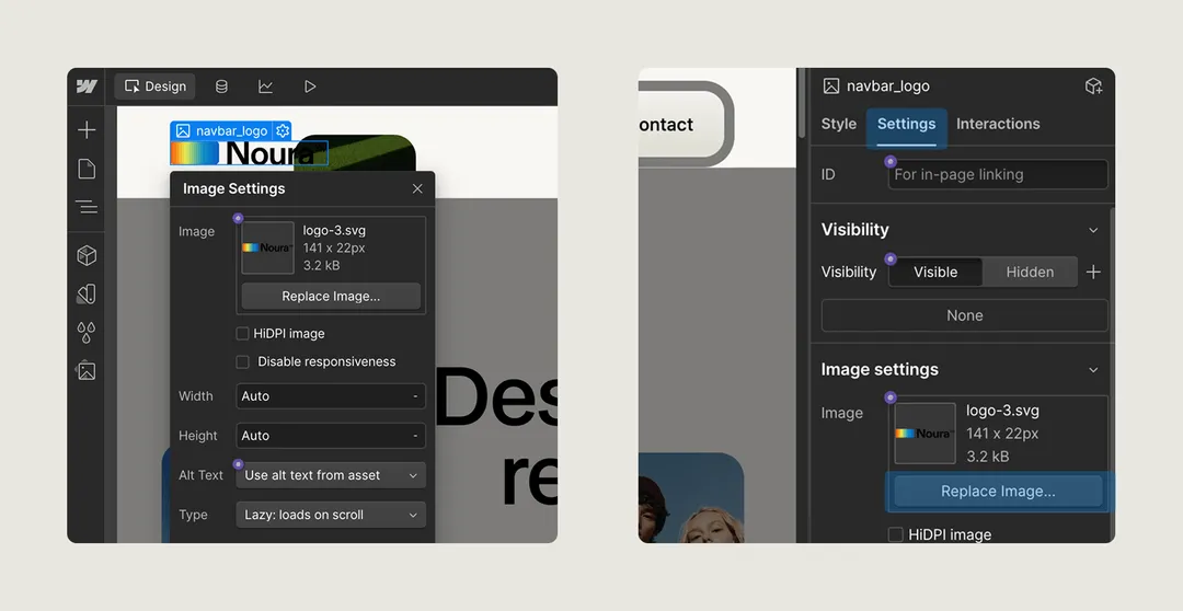 Screenshot of a web design interface showing image settings for a logo named 'logo-3.svg', including options for width, height, alt text, and image replacement.