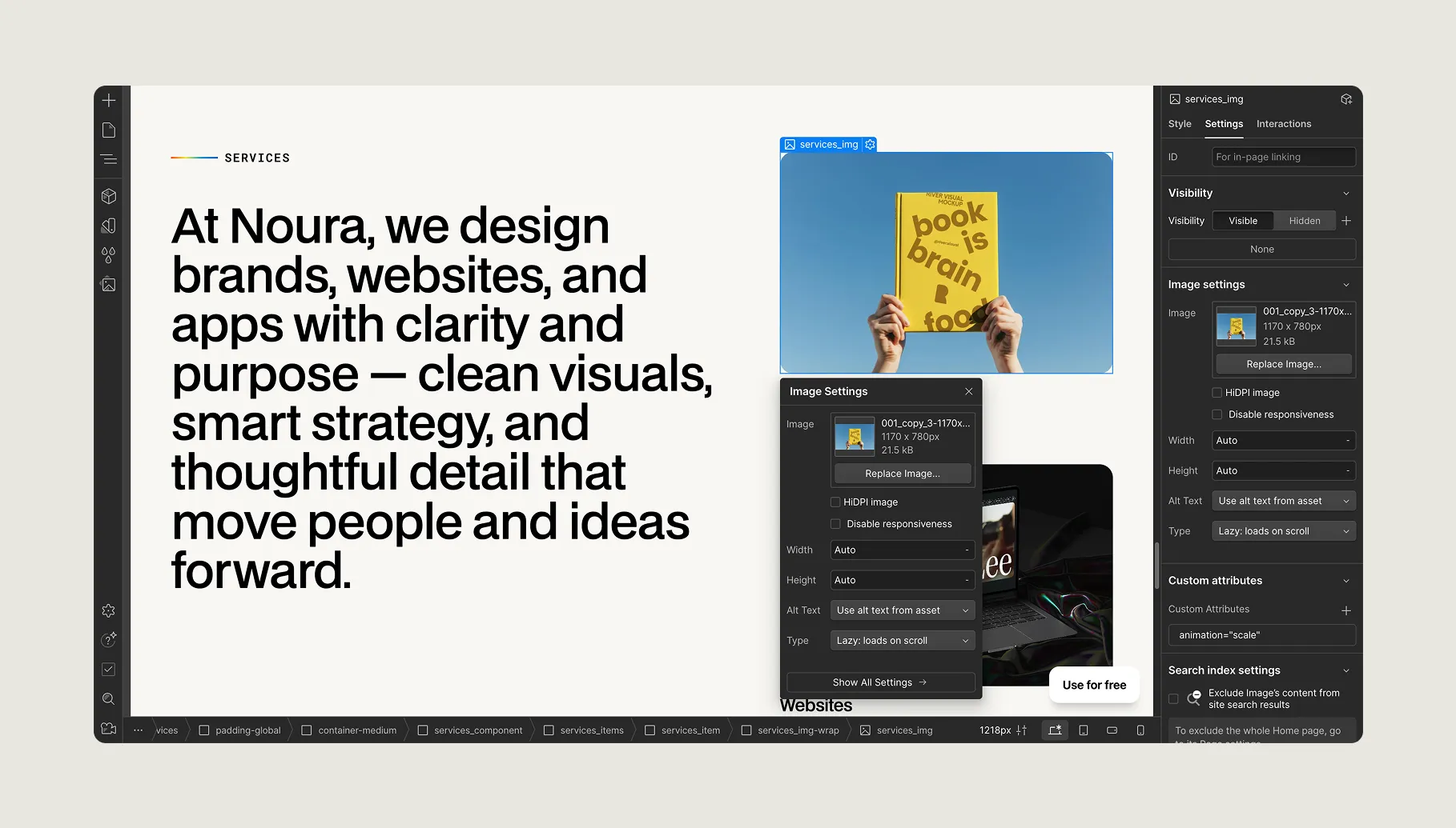 Web design interface showing brand services text on left and photo of hands holding a yellow book against a clear blue sky on the right.