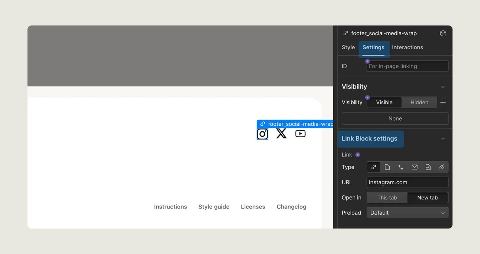 Website footer editing interface showing social media icons for Instagram, X, and YouTube with URL set to instagram.com in the settings panel.