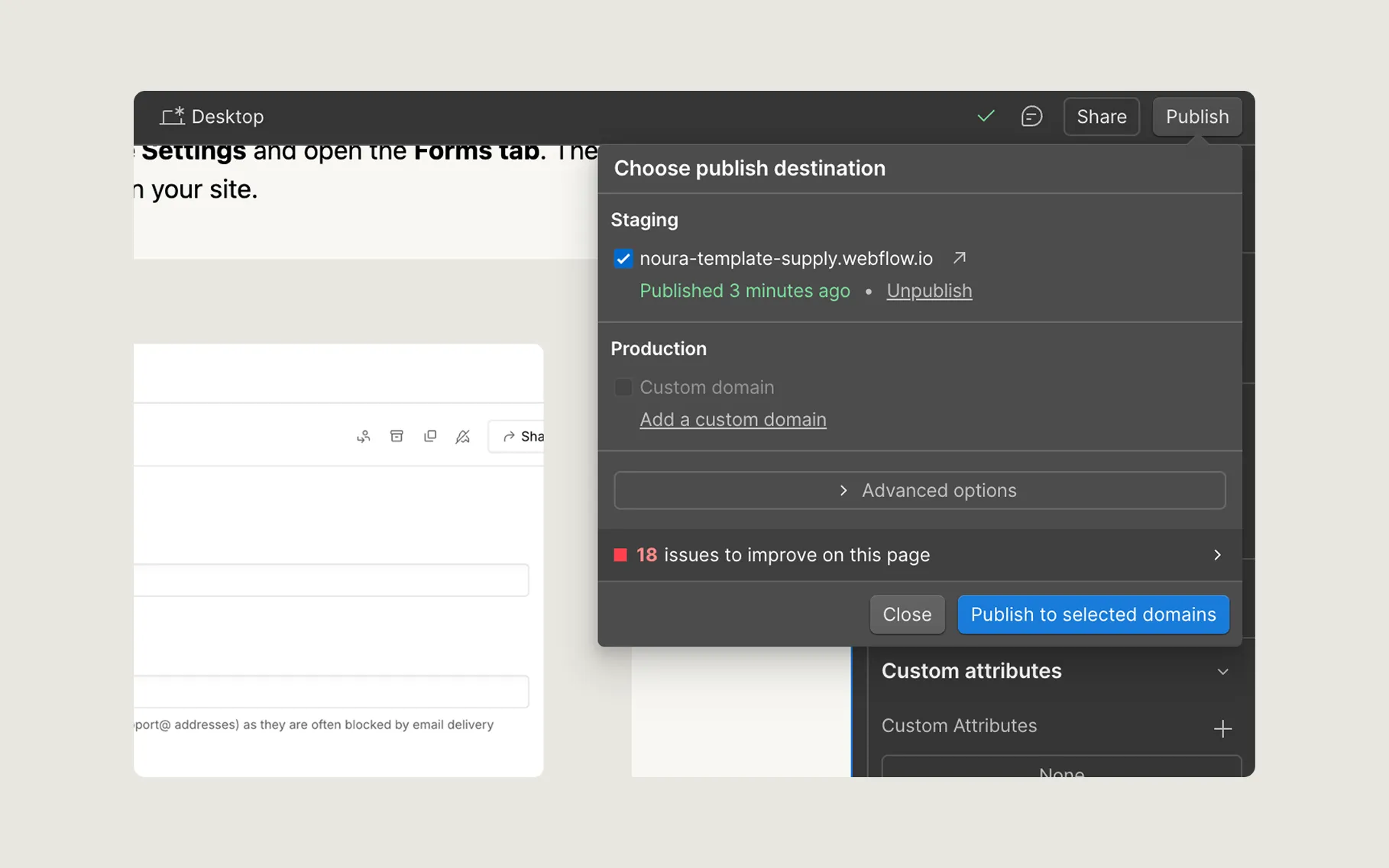 Screenshot of a website publishing interface showing options for staging and production domains, with 'noura-template-supply.webflow.io' selected under staging and a notice of 18 issues to improve on the page.